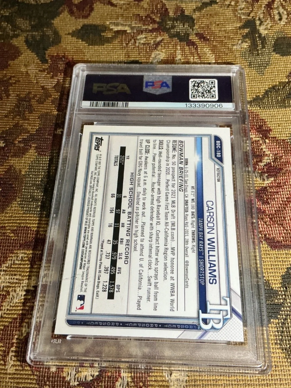 2021 BOWMAN DRAFT CHROME-REFRACTOR #BDC180 CARSON WILLIAMS Rookie Graded PSA 9